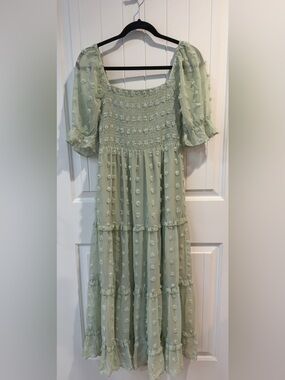 R.YIPOSHA Mint Green Swiss Dot Tiered Maxi Dress Smocked Bodice Square Neck Sz 4
